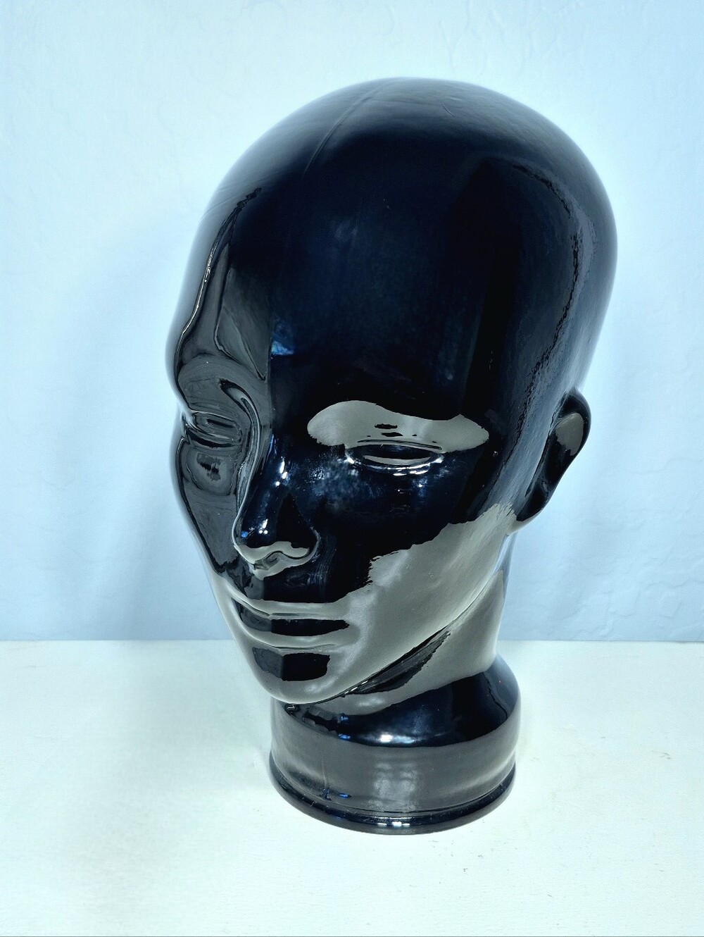 Vintage Black Art Glass Mannequin Head - Glossy Display Bust 11" x 8